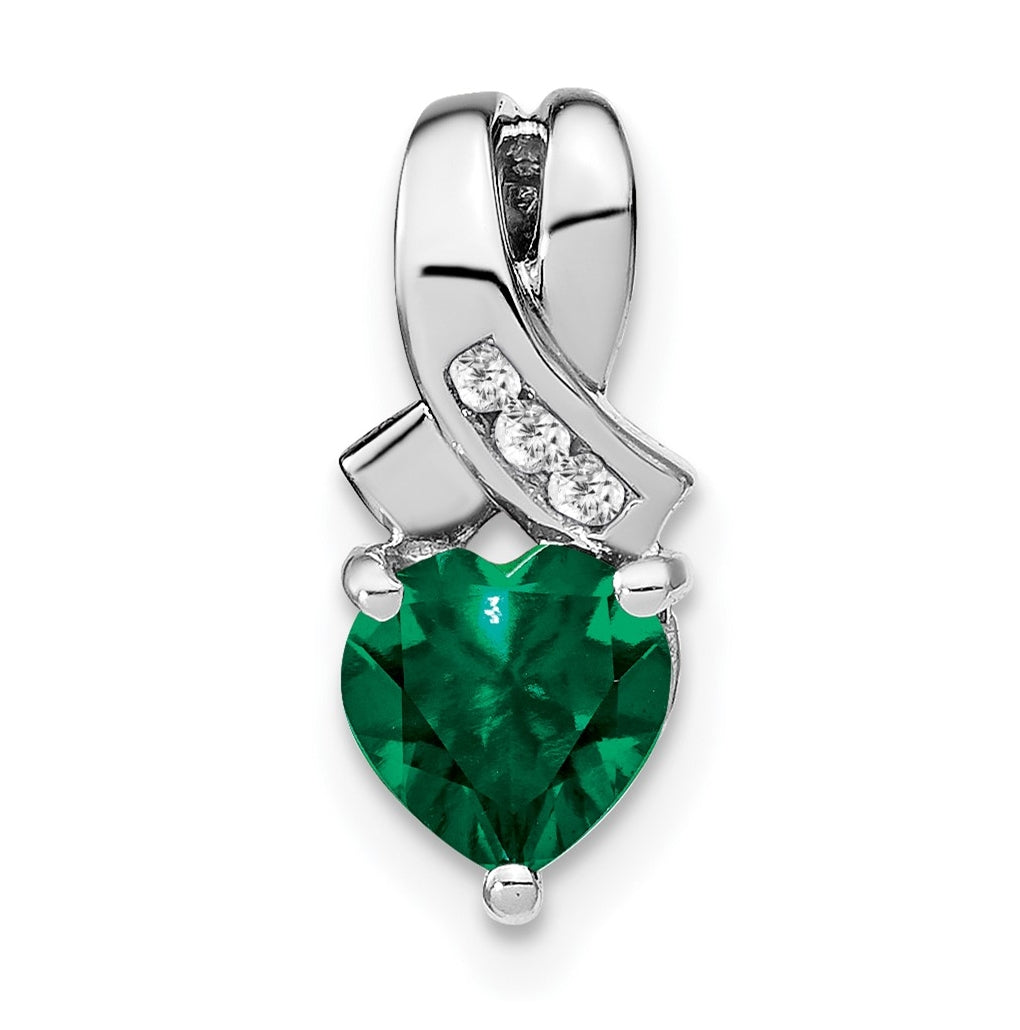 Sterling Silver Rhodium plated Created Emerald/Diamond Pendant