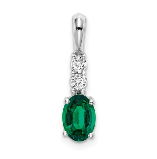 14k White Gold Oval Created Emerald/Diamond Pendant