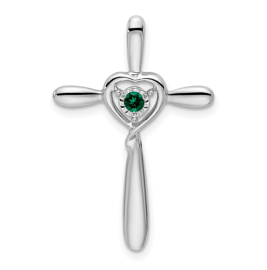 10k White Gold Created Emerald Cross w/Heart Chain Slide