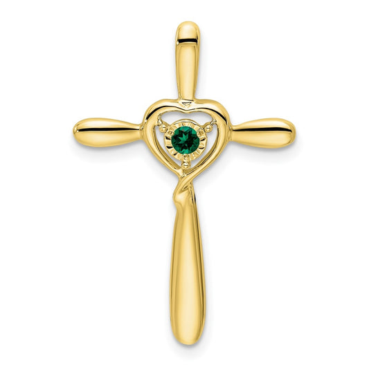 10K Yellow Gold Created Emerald Cross w/Heart Chain Slide