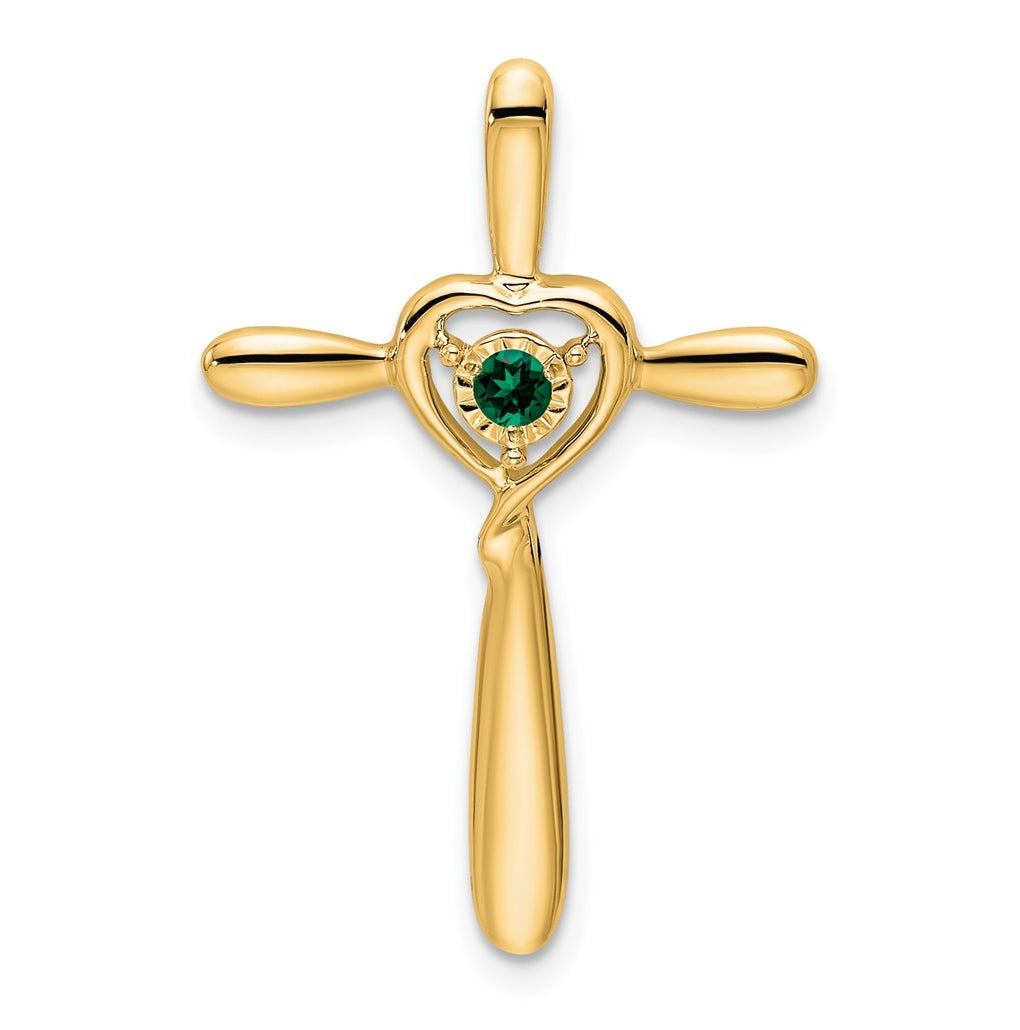 14K Yellow Gold Created Emerald Cross w/Heart Chain Slide