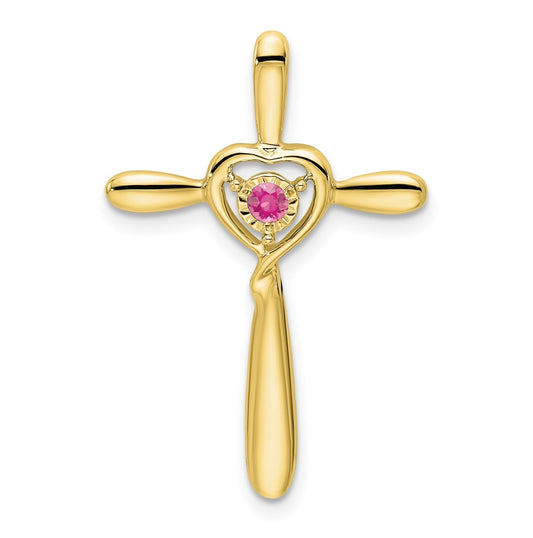 10K Yellow Gold Pink Tourmaline Cross w/Heart Chain Slide