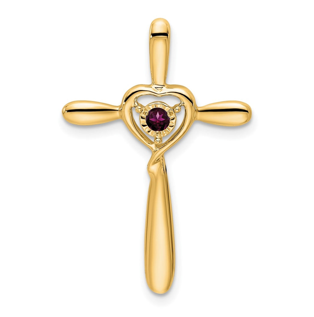 14K Yellow Gold Rhodolite Garnet Cross w/Heart Chain Slide