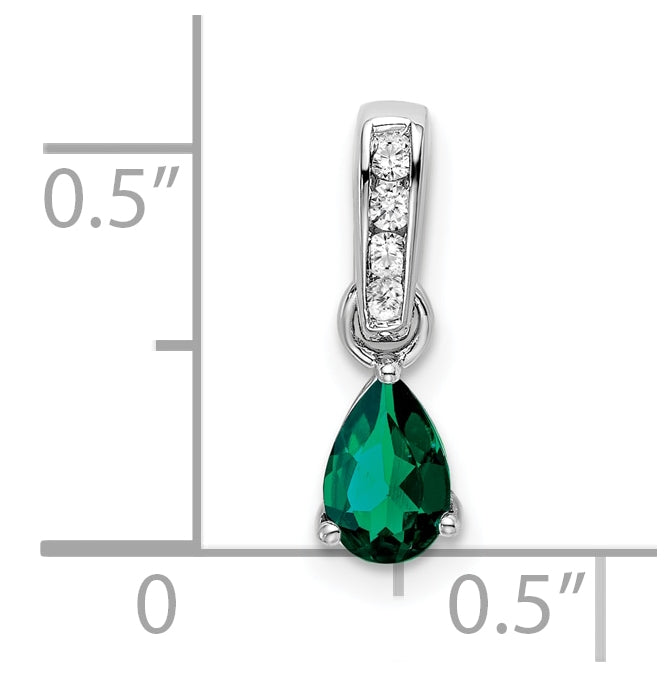 10k White Gold Pear Created Emerald and Diamond Pendant