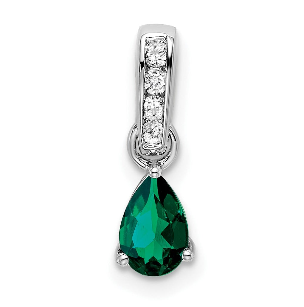 10k White Gold Pear Created Emerald and Diamond Pendant