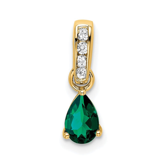 14K Yellow Gold Pear Created Emerald and Diamond Pendant