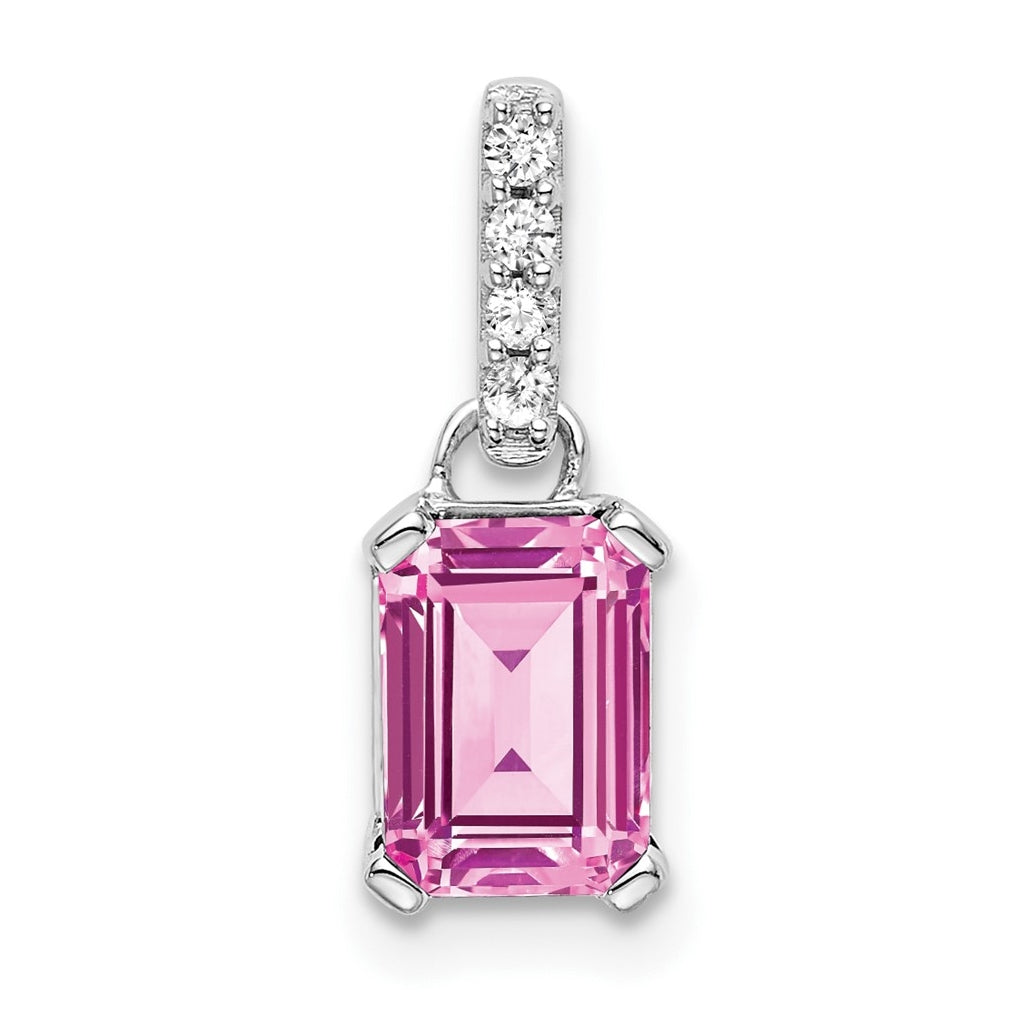 10k White Gold Created Pink Sapphire & Diamond Pendant