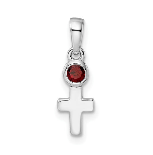 Sterling Silver Rhodium plated Polished Garnet Cross Pendant