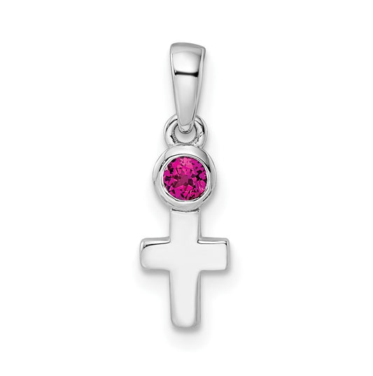 Sterling Silver Rhodium plated Polished Lab Created Ruby Cross Pendant