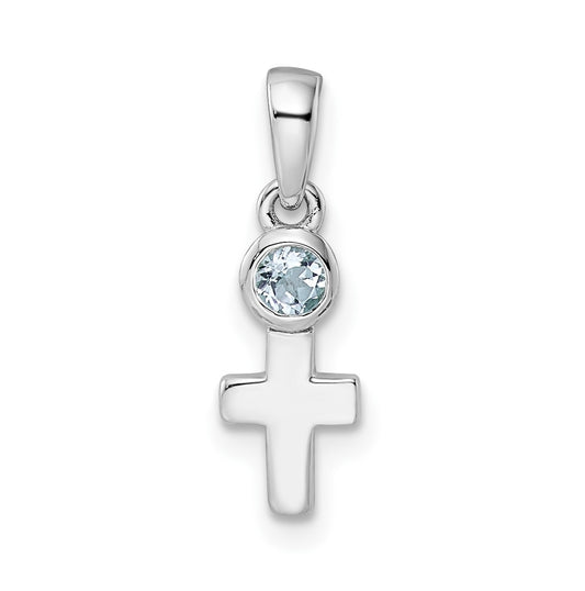 Sterling Silver Rhodium plated Polished Aquamarine Cross Pendant