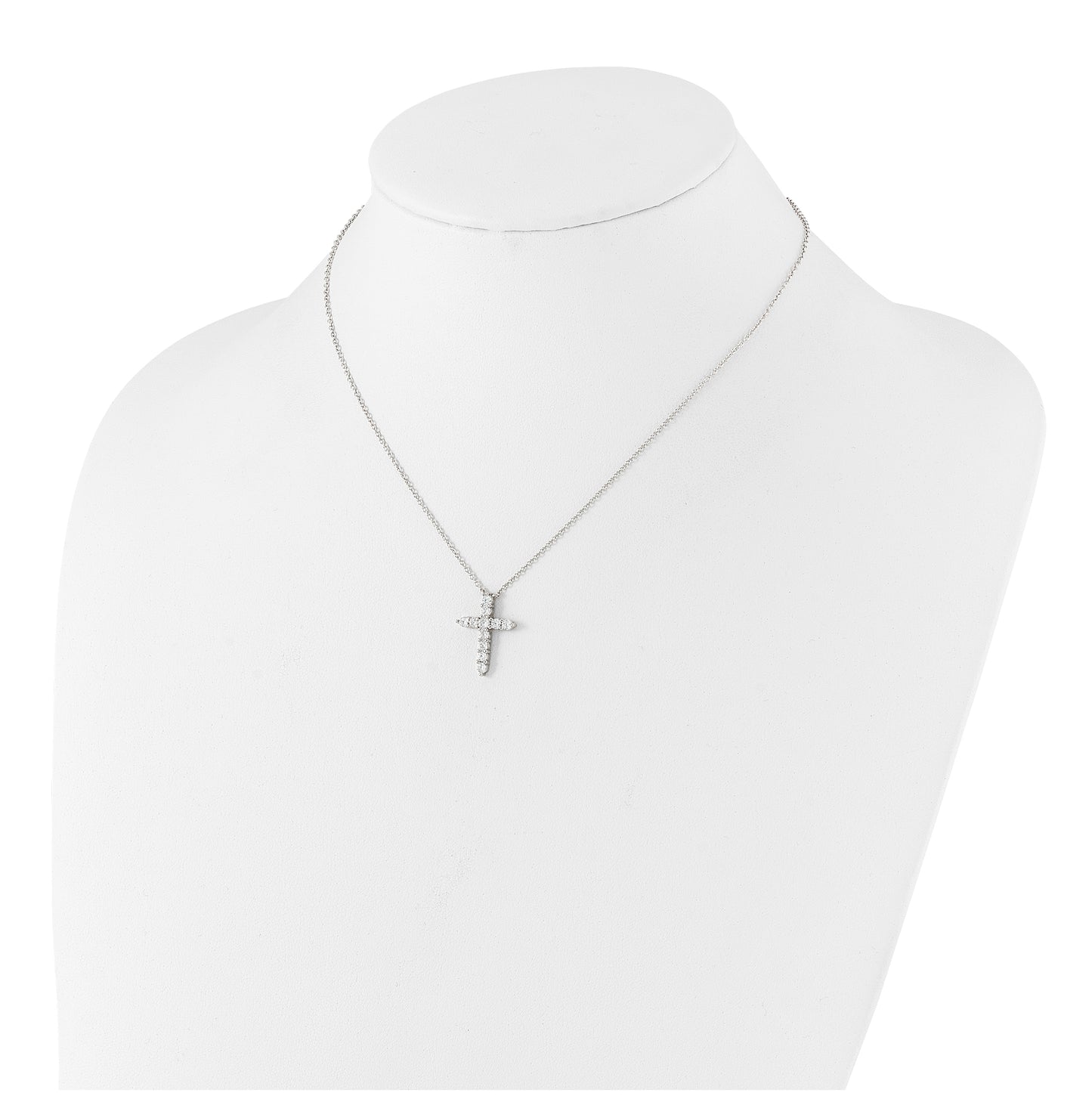 Sterling Silver Rhodium Plated Cubic Zirconia April Birthstone Cross 16in with 2in ext Necklace