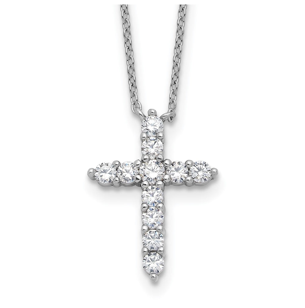 Sterling Silver Rhodium Plated Cubic Zirconia April Birthstone Cross 16in with 2in ext Necklace