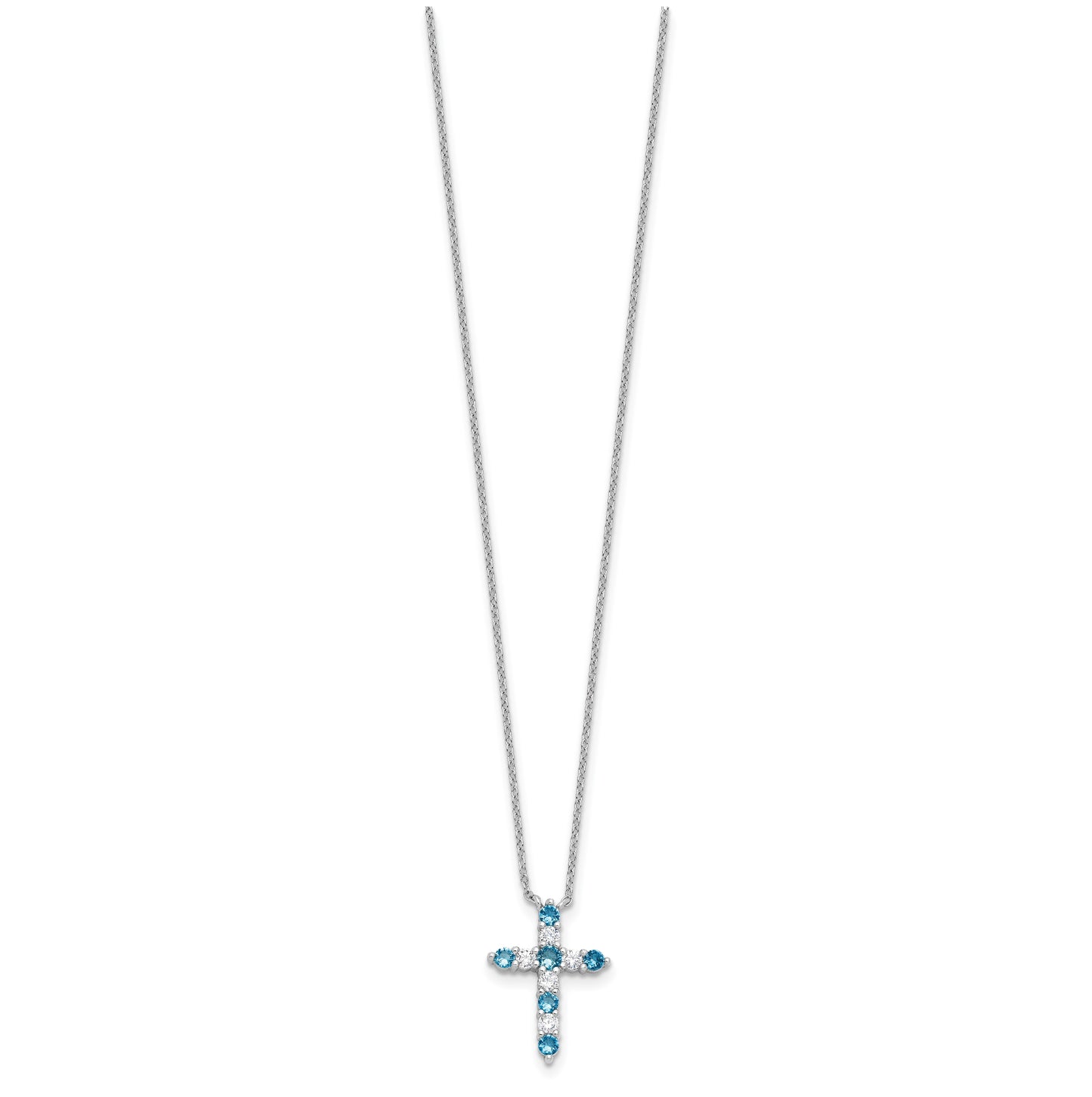 Sterling Silver Rhodium Plated Blue Cubic Zirconia December Birthstone Cross with 2in ext Necklace