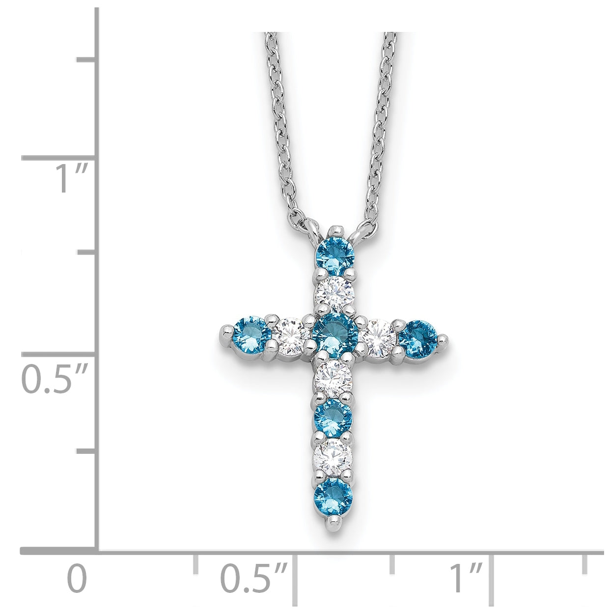 Sterling Silver Rhodium Plated Blue Cubic Zirconia December Birthstone Cross with 2in ext Necklace