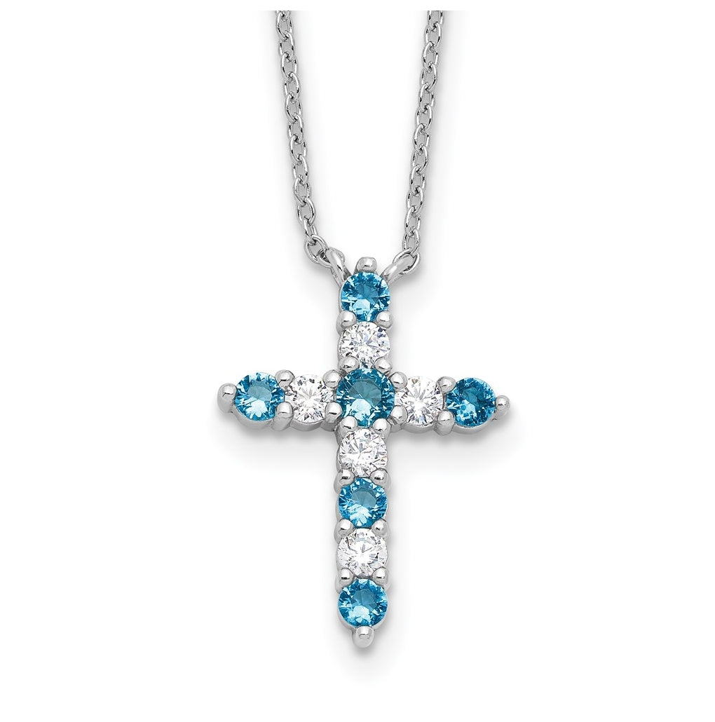 Sterling Silver Rhodium Plated Blue Cubic Zirconia December Birthstone Cross with 2in ext Necklace