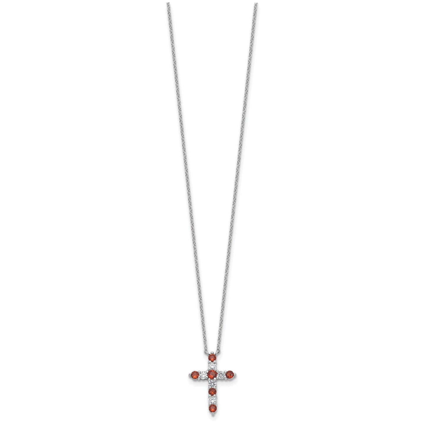 Sterling Silver Rhodium Plated Red Cubic Zirconia January Birthstone Cross with 2in ext Necklace