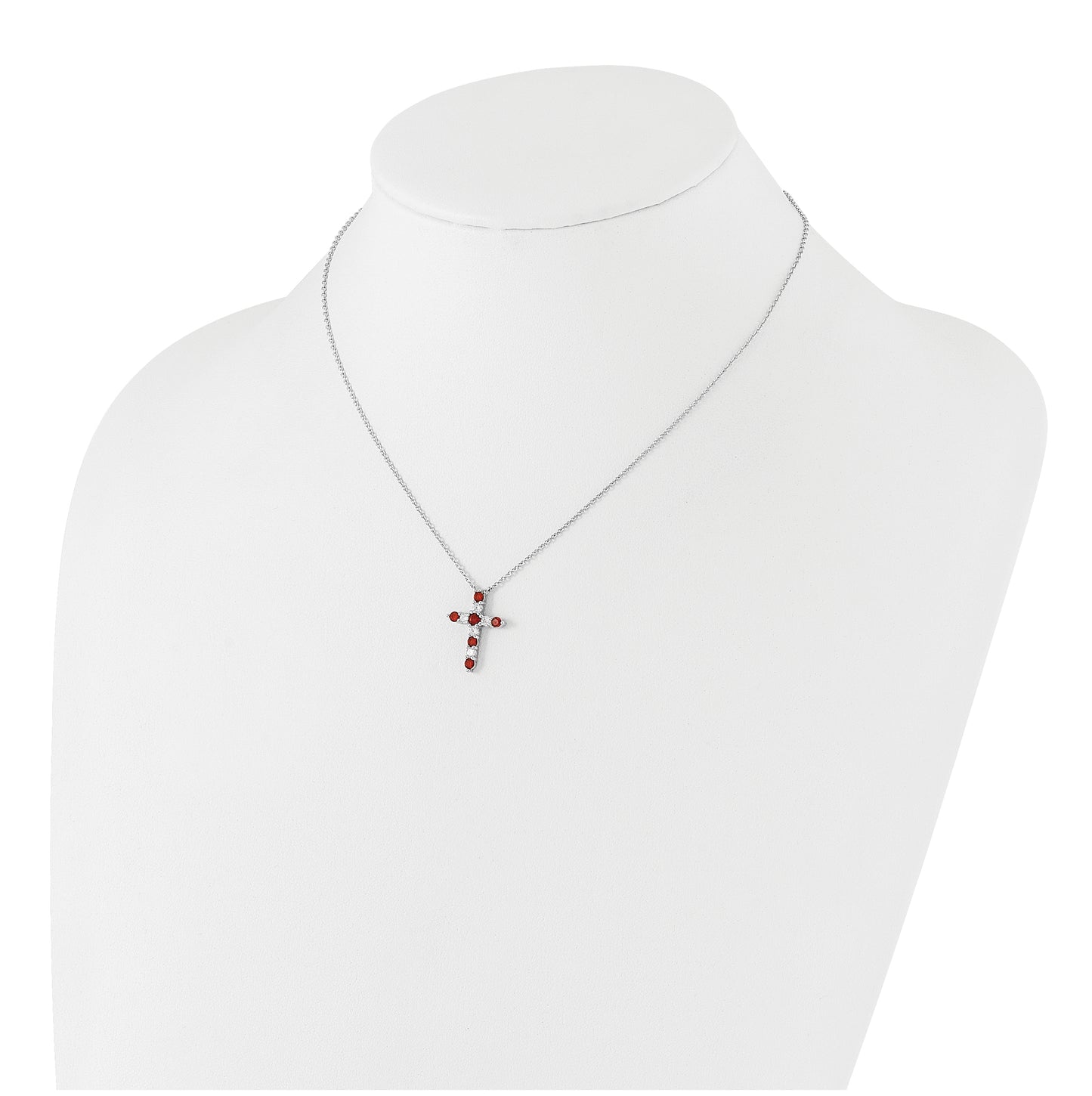 Sterling Silver Rhodium Plated Red Cubic Zirconia January Birthstone Cross with 2in ext Necklace