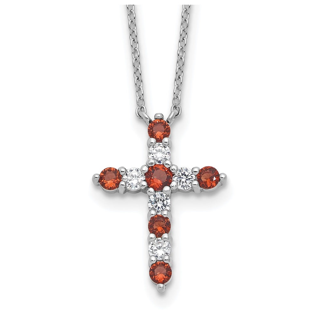 Sterling Silver Rhodium Plated Red Cubic Zirconia January Birthstone Cross with 2in ext Necklace