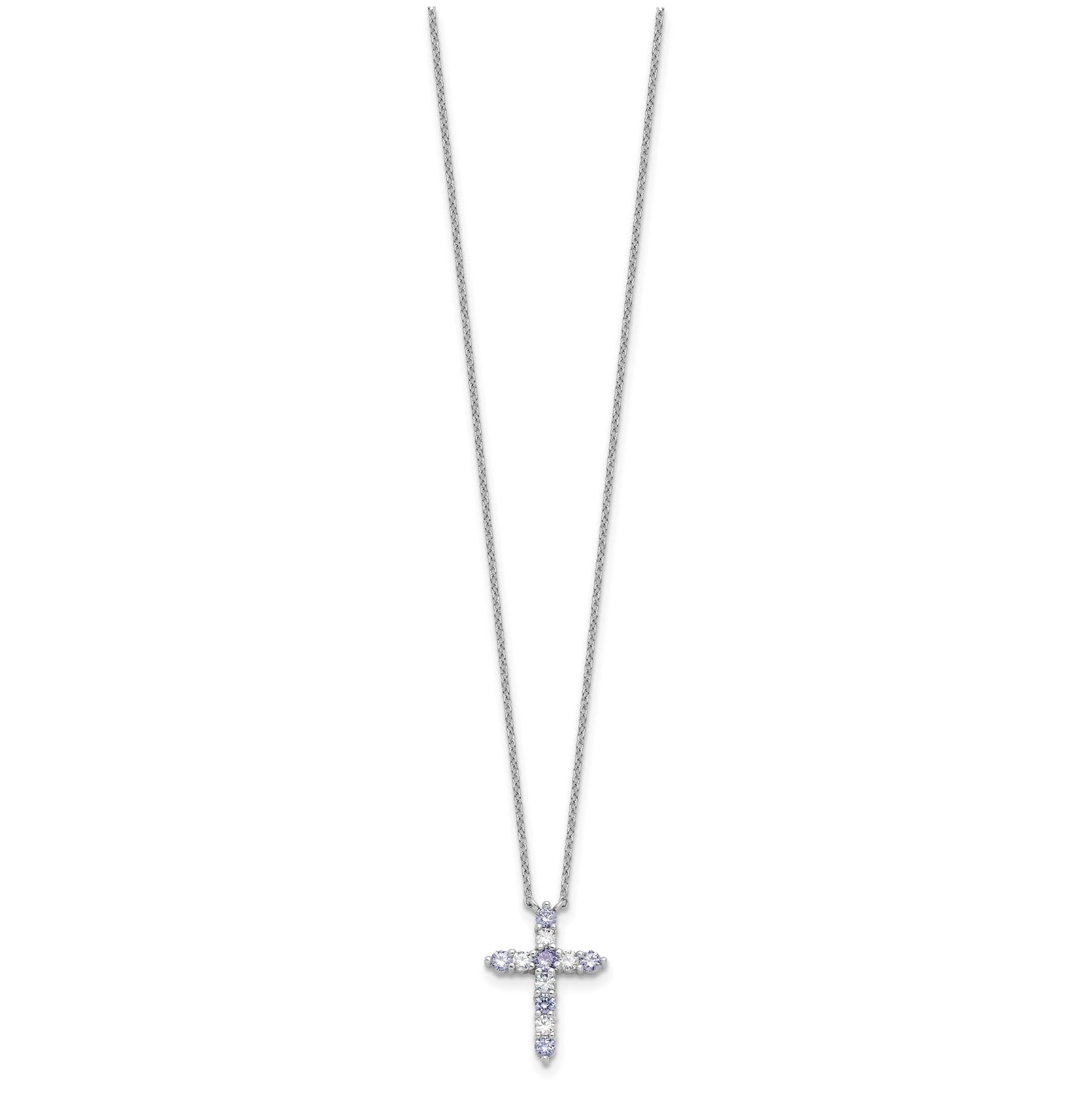 Sterling Silver Rhodium Plated Lt Purple Cubic Zirconia June Birthstone Cross with 2in ext Necklace