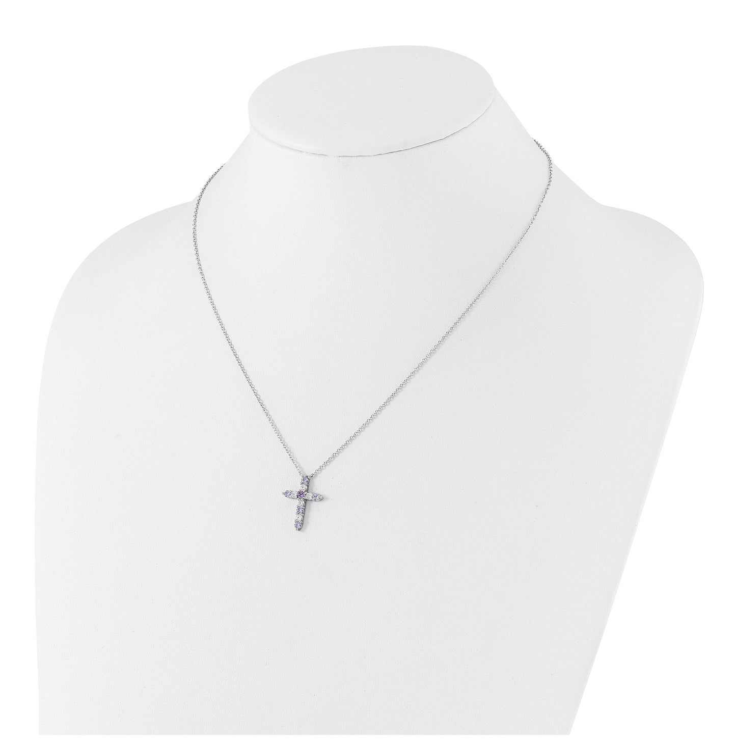 Sterling Silver Rhodium Plated Lt Purple Cubic Zirconia June Birthstone Cross with 2in ext Necklace