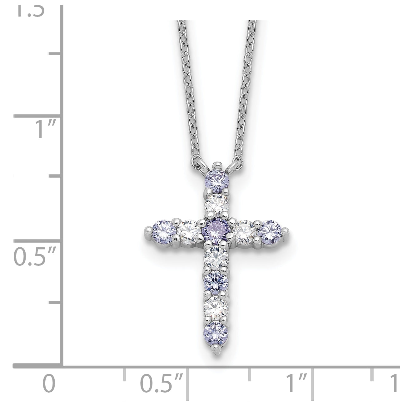 Sterling Silver Rhodium Plated Lt Purple Cubic Zirconia June Birthstone Cross with 2in ext Necklace