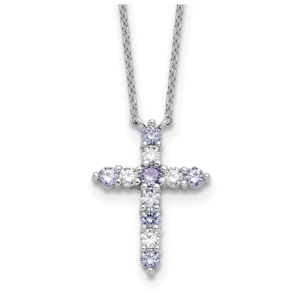 Sterling Silver Rhodium Plated Lt Purple Cubic Zirconia June Birthstone Cross with 2in ext Necklace