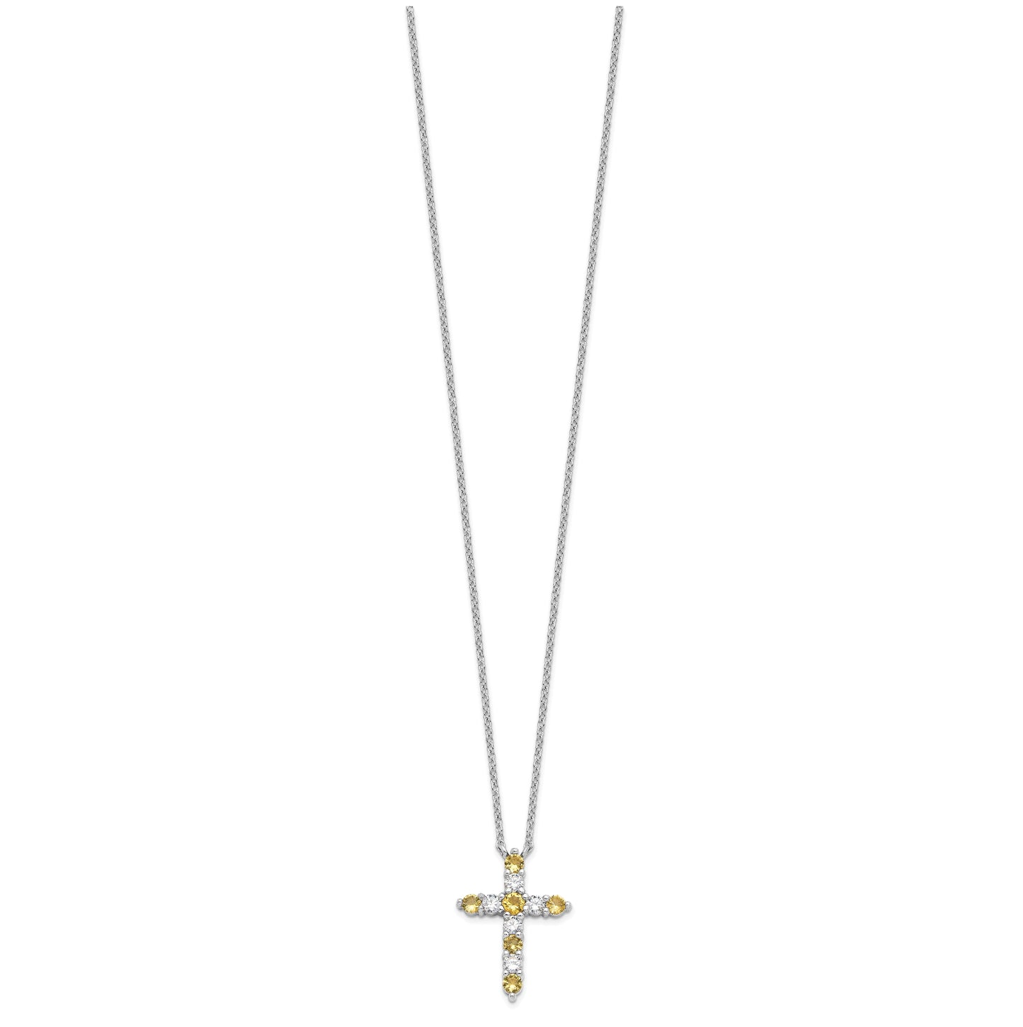 Sterling Silver Rhodium Plated Yellow Cubic Zirconia Nov Birthstone Cross with 2in ext Necklace