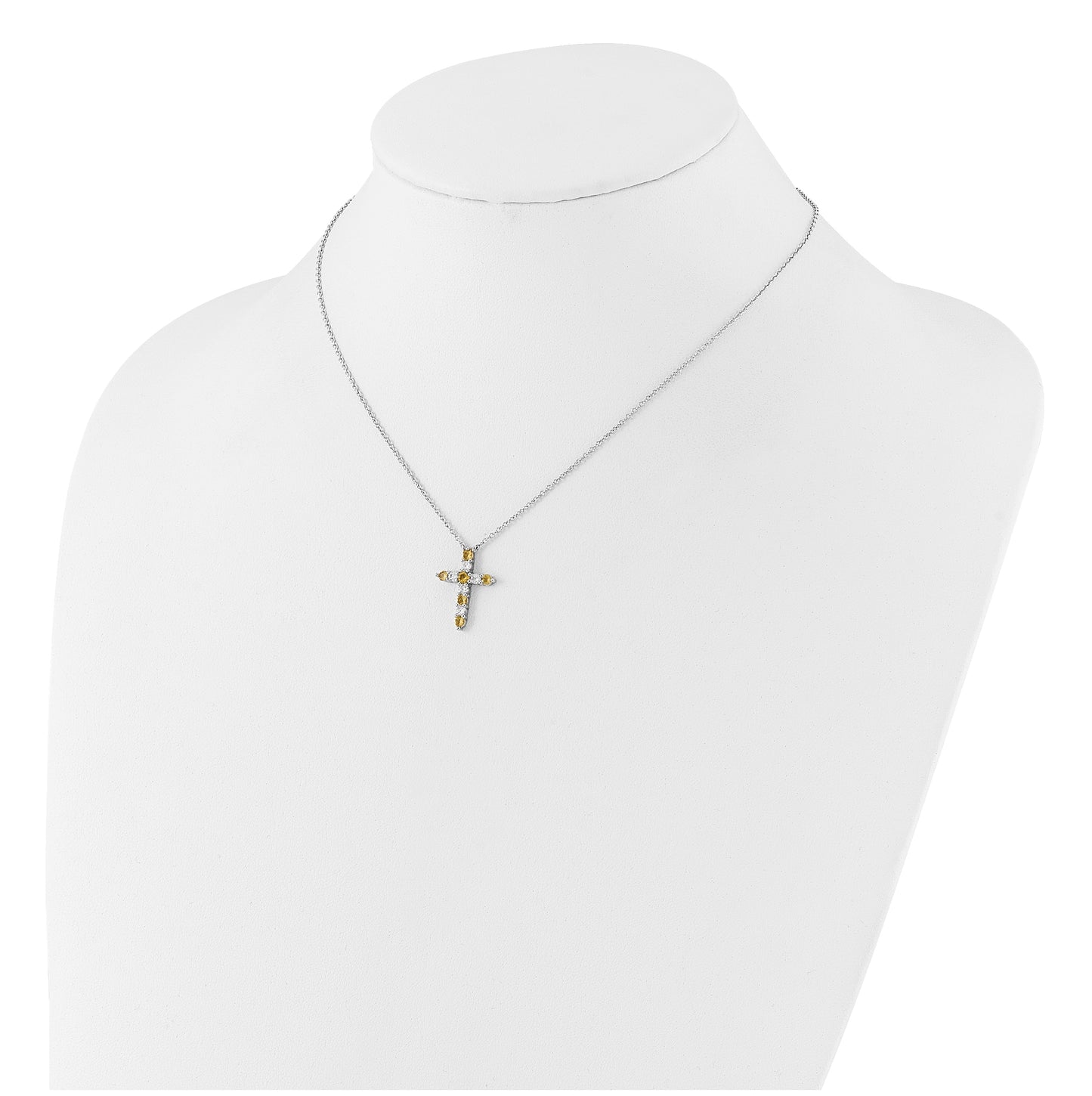 Sterling Silver Rhodium Plated Yellow Cubic Zirconia Nov Birthstone Cross with 2in ext Necklace