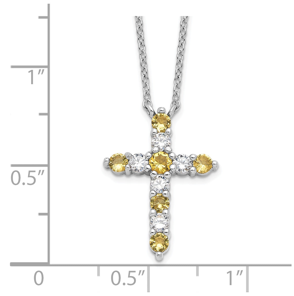 Sterling Silver Rhodium Plated Yellow Cubic Zirconia Nov Birthstone Cross with 2in ext Necklace