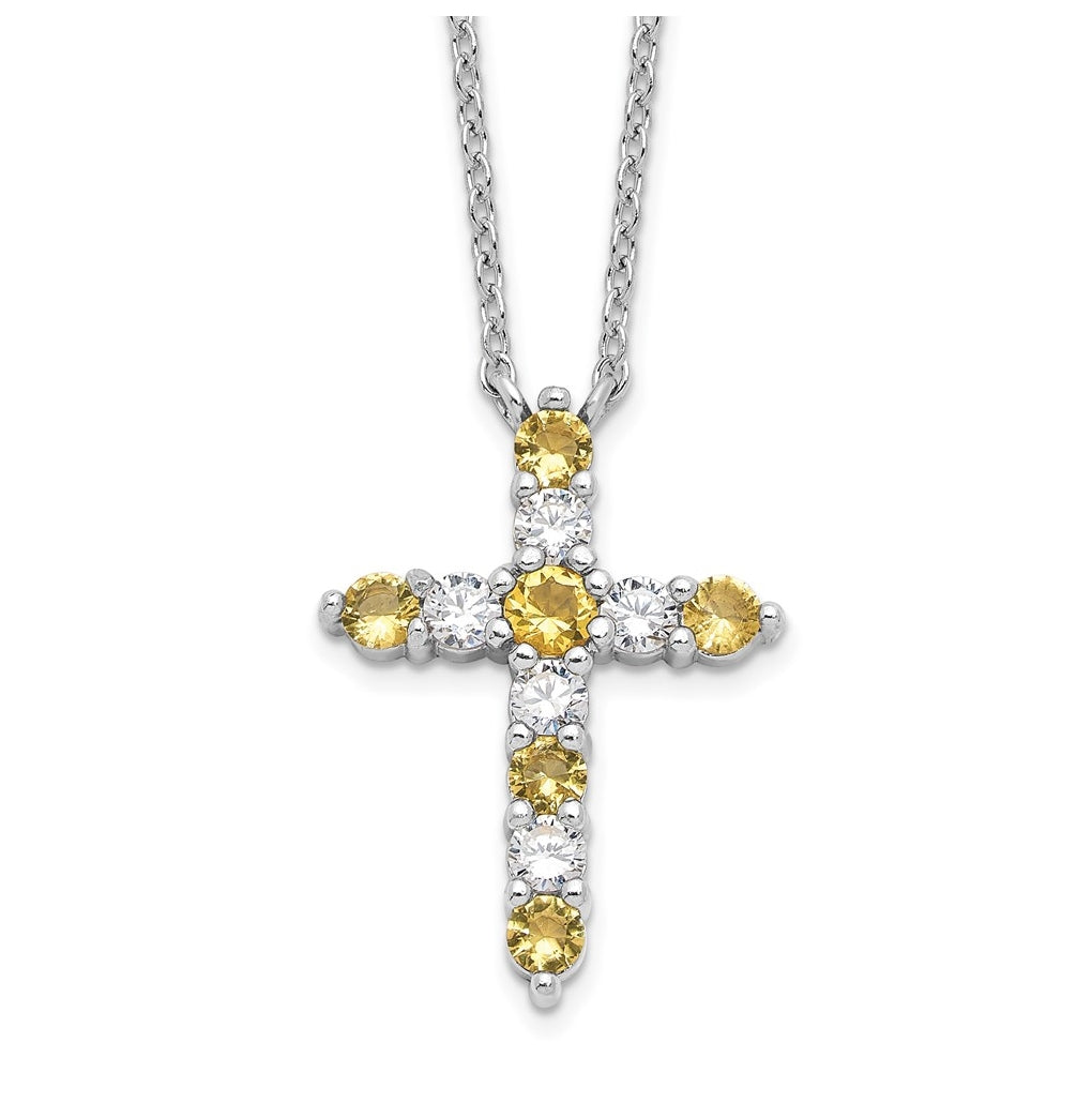 Sterling Silver Rhodium Plated Yellow Cubic Zirconia Nov Birthstone Cross with 2in ext Necklace