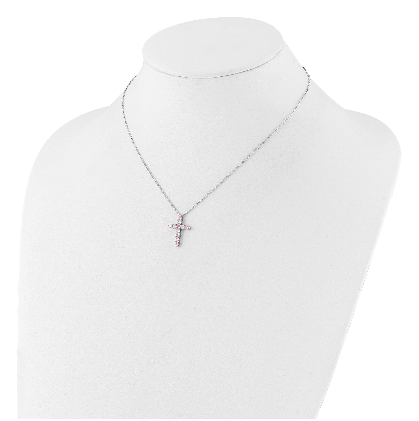 Sterling Silver Rhodium Plated Pink Cubic Zirconia October Birthstone Cross with 2in ext Necklace