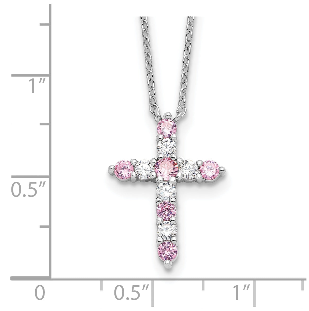 Sterling Silver Rhodium Plated Pink Cubic Zirconia October Birthstone Cross with 2in ext Necklace