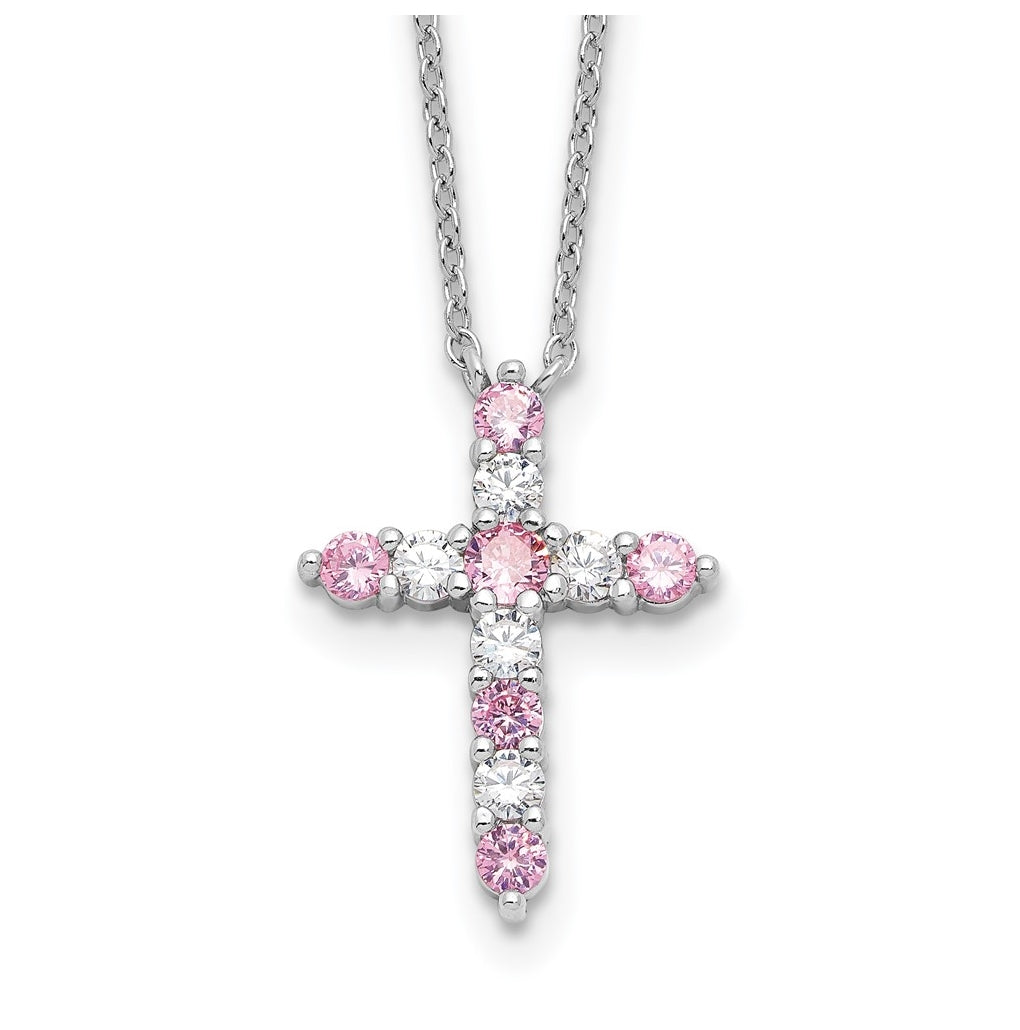 Sterling Silver Rhodium Plated Pink Cubic Zirconia October Birthstone Cross with 2in ext Necklace