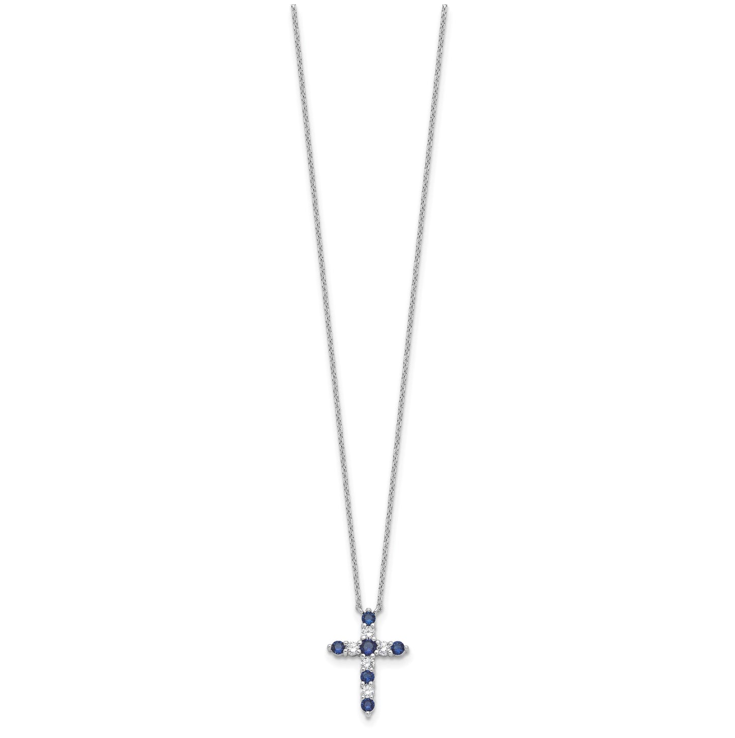 Sterling Silver Rhodium Plated Dark Blue Cubic Zirconia Sept Birthstone Cross with 2in ext Necklace