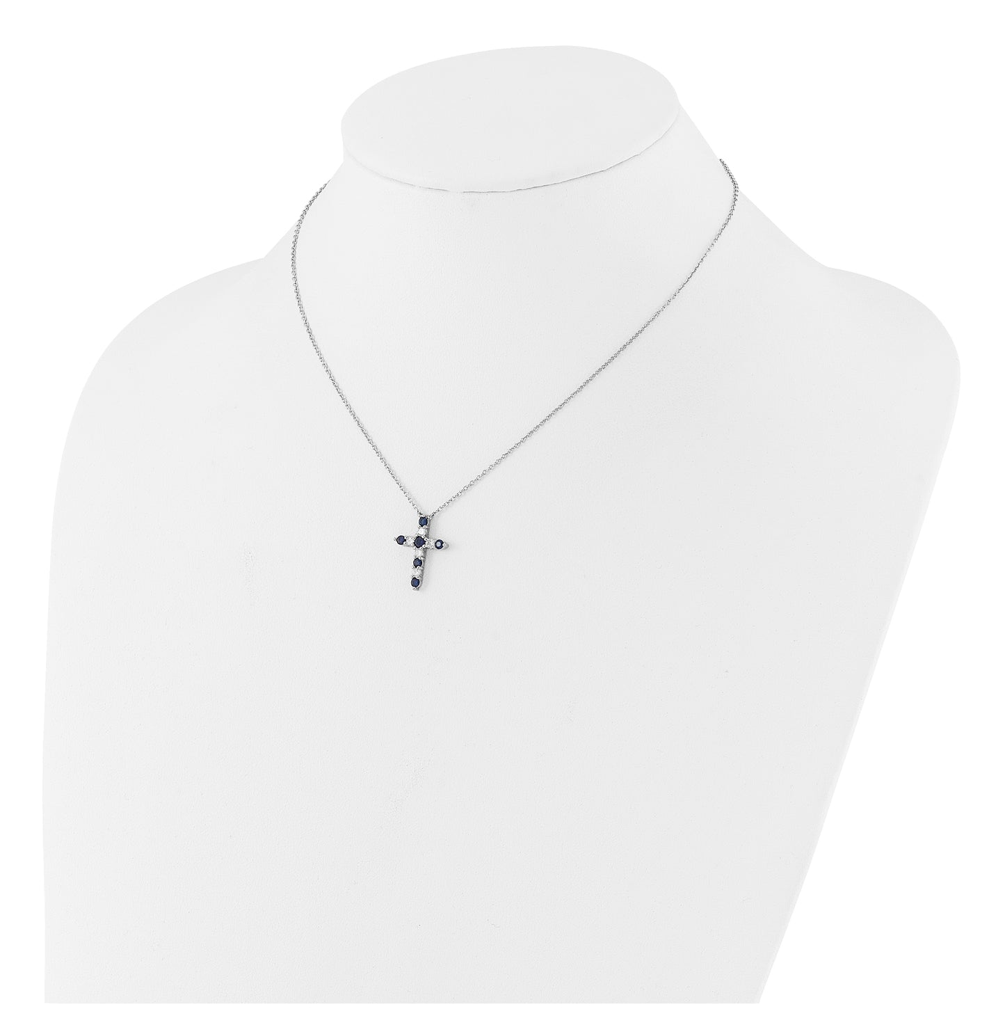 Sterling Silver Rhodium Plated Dark Blue Cubic Zirconia Sept Birthstone Cross with 2in ext Necklace