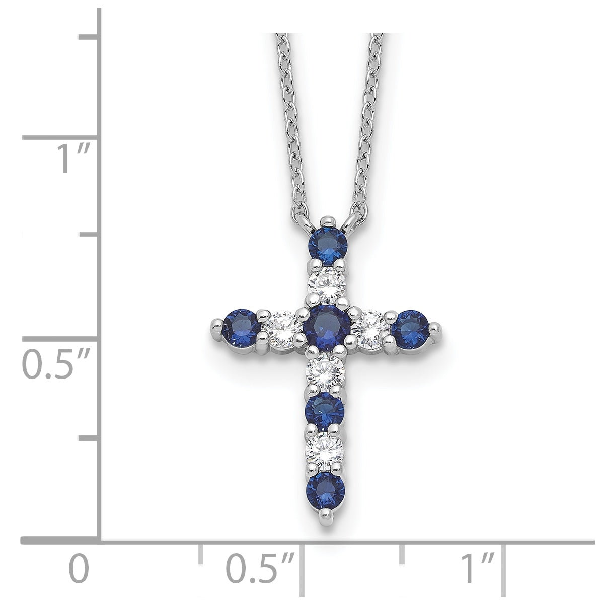 Sterling Silver Rhodium Plated Dark Blue Cubic Zirconia Sept Birthstone Cross with 2in ext Necklace