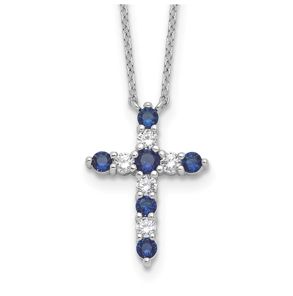 Sterling Silver Rhodium Plated Dark Blue Cubic Zirconia Sept Birthstone Cross with 2in ext Necklace