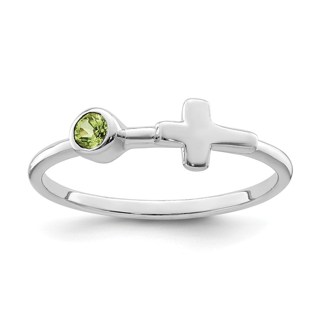 Sterling Silver Rhodium plated Polished Cross Peridot Ring, Size 6