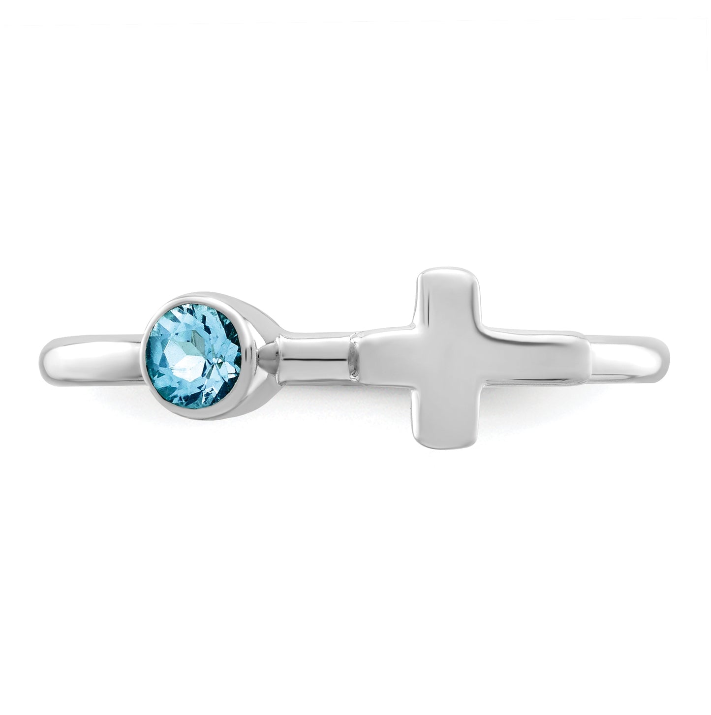 Sterling Silver Rhodium plated Polished Cross LS Blue Topaz Ring, Size 6