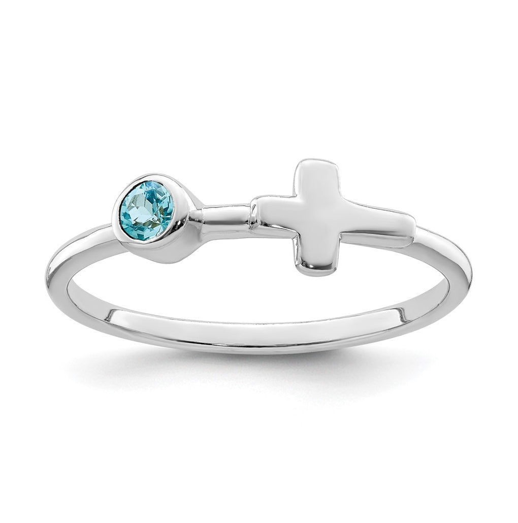 Sterling Silver Rhodium plated Polished Cross LS Blue Topaz Ring, Size 6