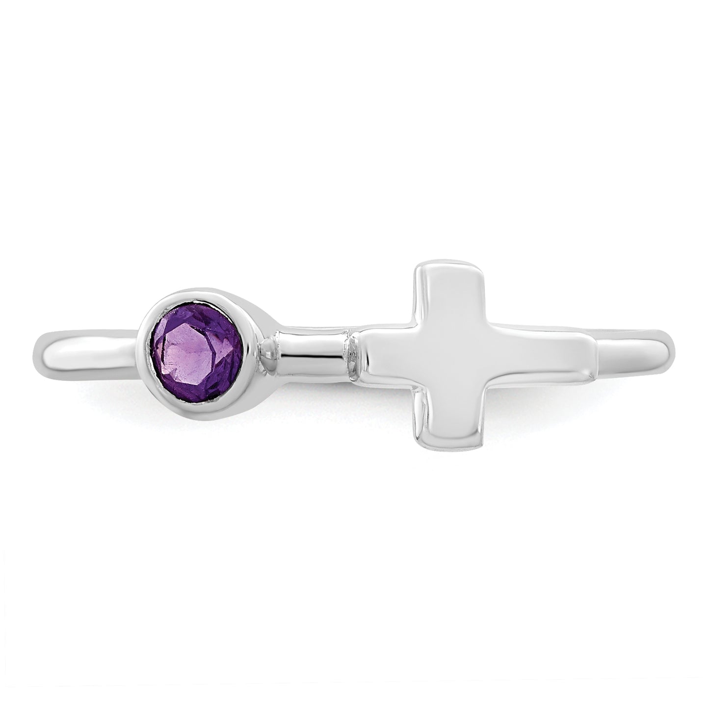 Sterling Silver Rhodium plated Polished Cross Amethyst Ring, Size 7