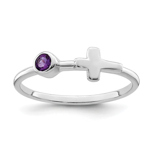 Sterling Silver Rhodium plated Polished Cross Amethyst Ring, Size 6