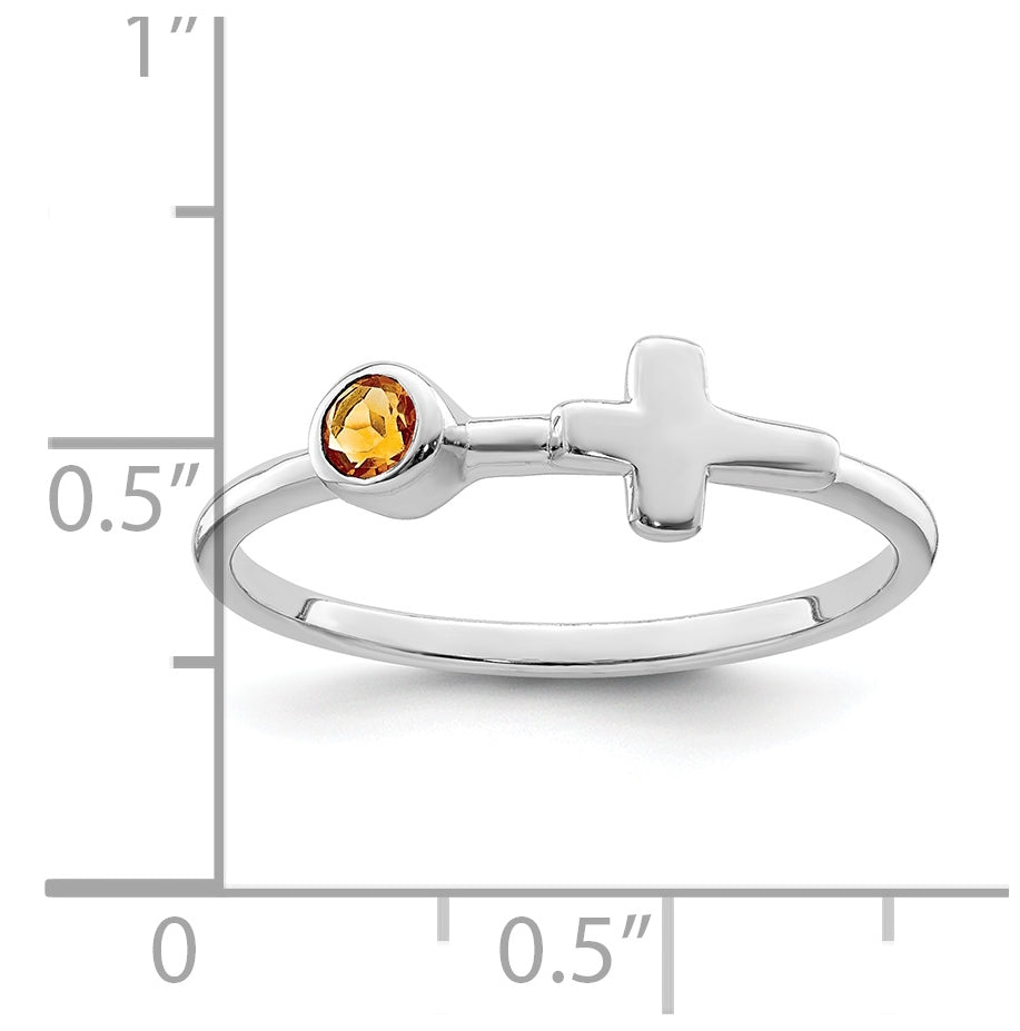 Sterling Silver Rhodium plated Polished Cross Citrine Ring, Size 7