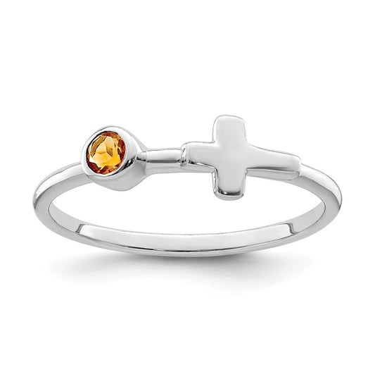 Sterling Silver Rhodium plated Polished Cross Citrine Ring, Size 6