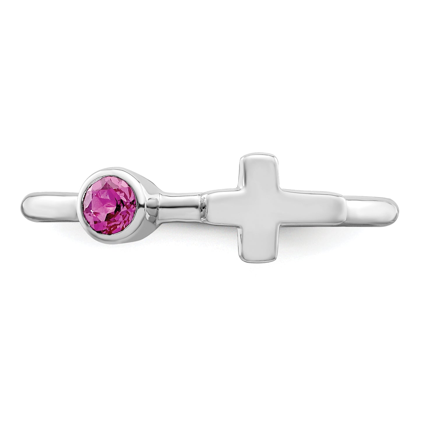 Sterling Silver Rhodium plated Polished Cross Pink Tourmaline Ring, Size 8