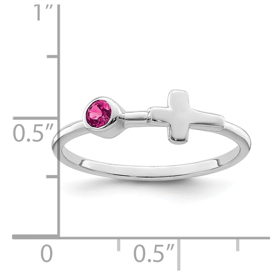 Sterling Silver Rhodium plated Polished Cross Pink Tourmaline Ring, Size 8