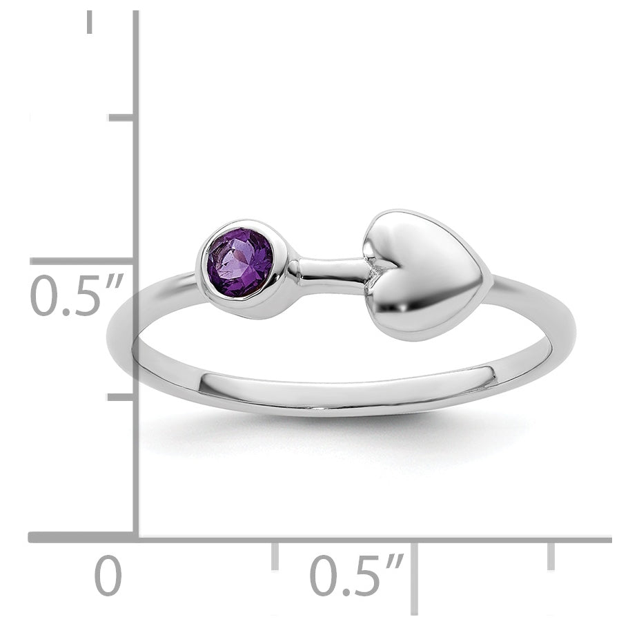 Sterling Silver Rhodium plated Polished Heart Amethyst Ring, Size 6