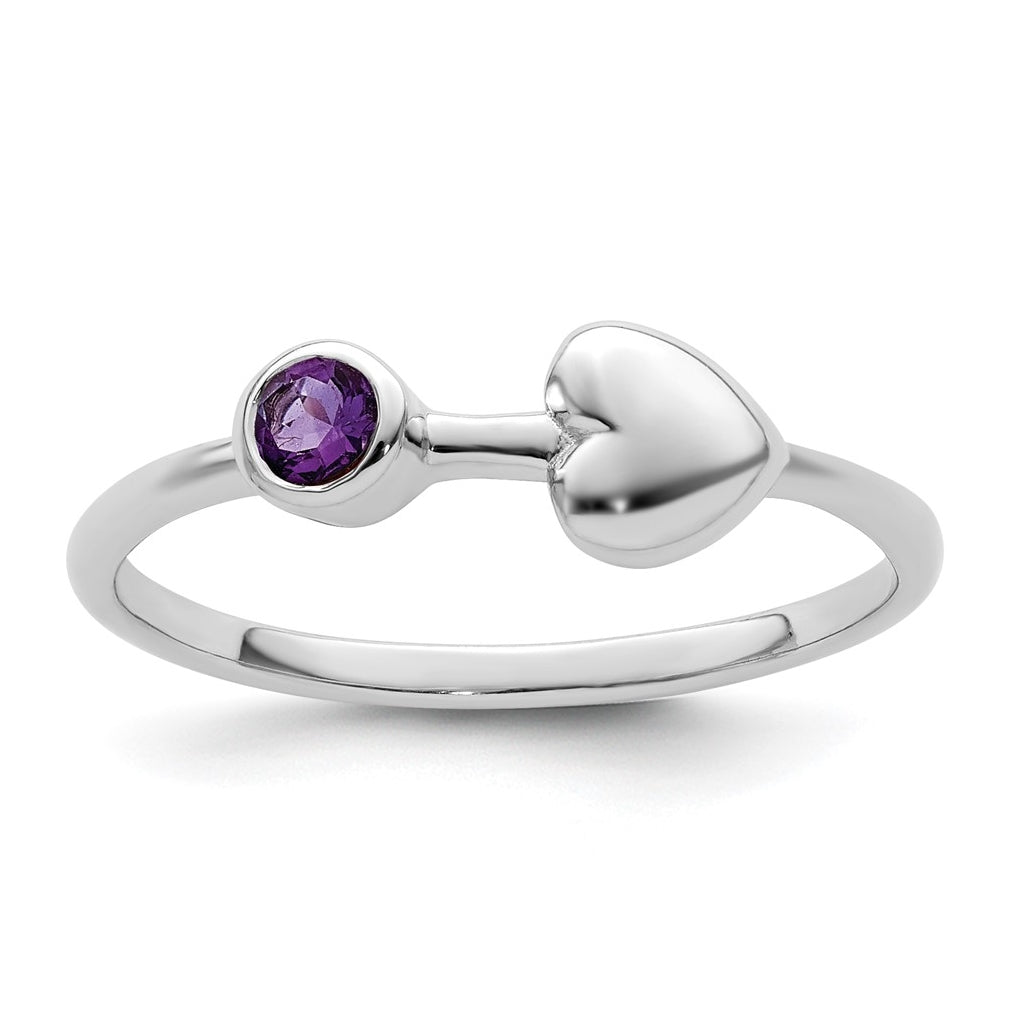 Sterling Silver Rhodium plated Polished Heart Amethyst Ring, Size 6