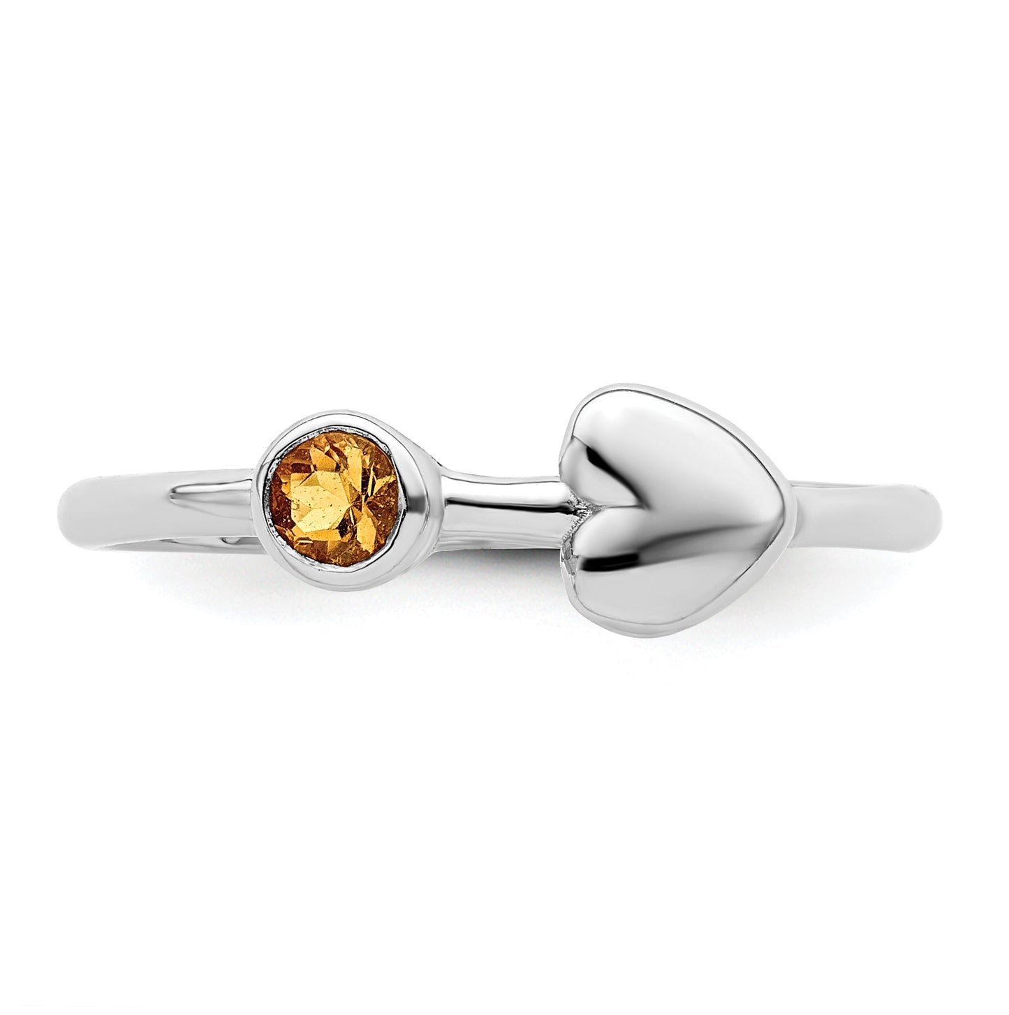 Sterling Silver Rhodium plated Polished Heart Citrine Ring, Size 7