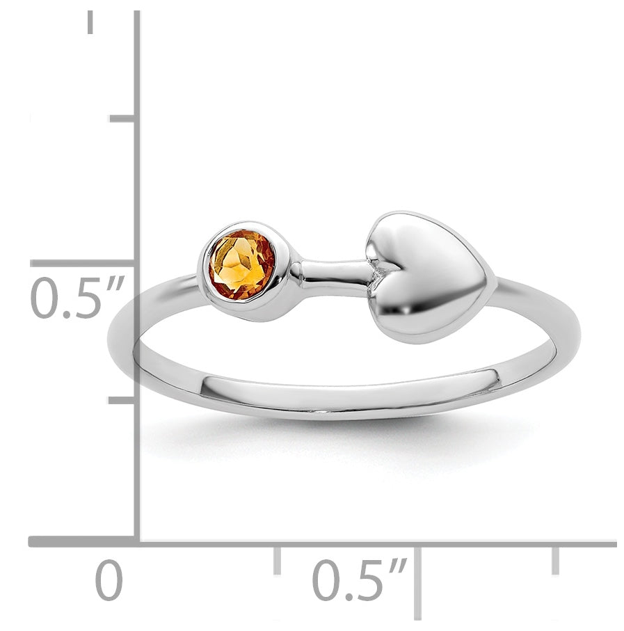 Sterling Silver Rhodium plated Polished Heart Citrine Ring, Size 7